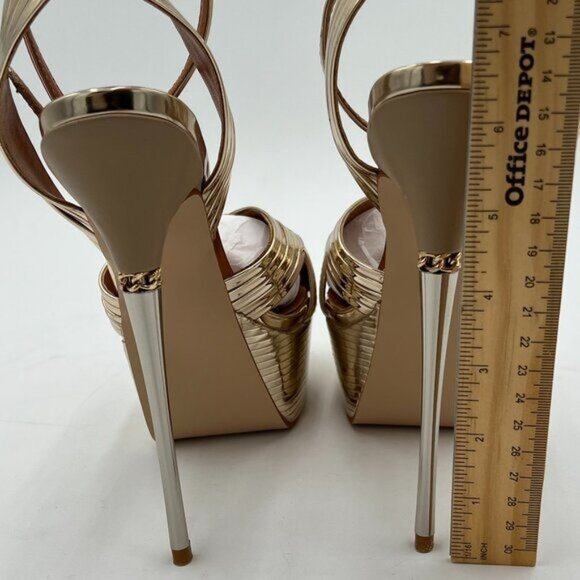 FSJ Gold Lines Strappy Open Toe Platform Ankle Strap High Metallic Heel Sandals - Picture 5 of 6